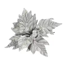 Tesco Silver Velvet Christmas Poinsettia with Glitter Detail Artificial Flower Decoration 40cm offer