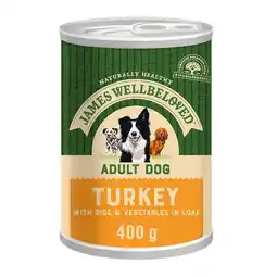 Tesco James Wellbeloved Adult Wet Dog Food Turkey & Rice in Loaf 400 g Tin (Pack of 12) offer