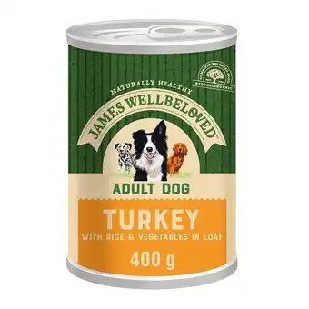 Tesco James Wellbeloved Adult Wet Dog Food Turkey & Rice in Loaf 400 g Tin (Pack of 12) offer