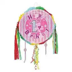 Tesco Happy 1st Birthday Pink Holographic Pull String Pinata offer