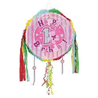 Tesco Happy 1st Birthday Pink Holographic Pull String Pinata offer