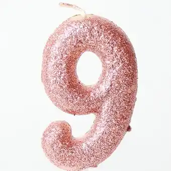 Tesco Number 9 Glitter Rose Gold Pick Moulded Cake Candle 9cm offer