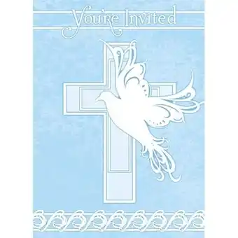 Tesco Blue Dove Cross Invitations with Envelopes - Pack of 8 offer