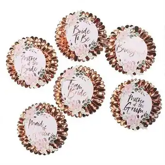 Tesco Floral Hen Party Customisable Rose Gold Foiled Badges - Pack of 6 offer