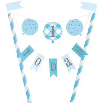 Tesco Blue Gingham First Birthday 1 Today Bunting Cake Topper 21cm offer