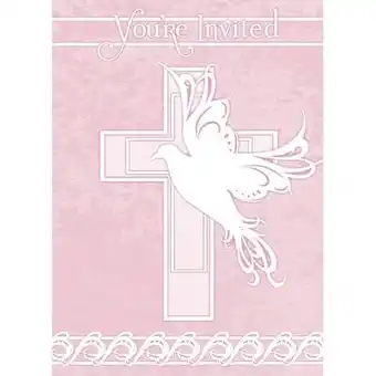 Tesco Pink Dove Cross Invitations with Envelopes - Pack of 8 offer