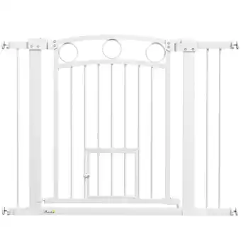 Tesco PawHut Stair Gate with Cat Door, Adjustable Width 76-104cm & 77cm Tall offer