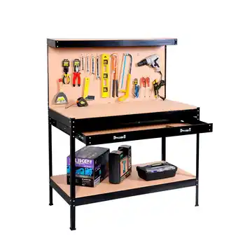 Tesco Black Workbench Heavy-Duty Steel Pegboard Drawer Black offer