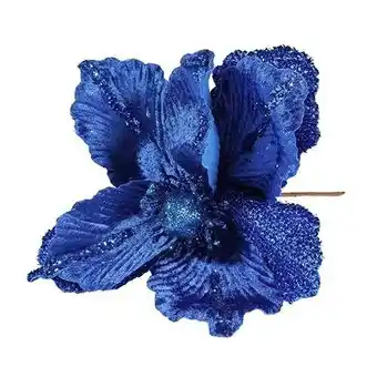 Tesco Royal Blue Velvet Magnolia with Glitter Edge Artificial Flower Decoration 26cm offer