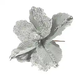 Tesco Silver Velvet Magnolia with Glitter Edge Artificial Flower Decoration 26cm offer