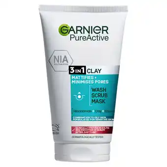 Asda Garnier Pure Active 3in1 Clay Mask Scrub Wash Oily Skin offer