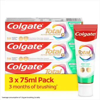 Sainsbury's Colgate Total Active Prevention + Deep Clean Toothpaste 3 x 75ml offer