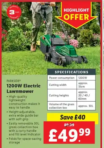 Lidl PARKSIDE 1200W Electric Lawnmower offer