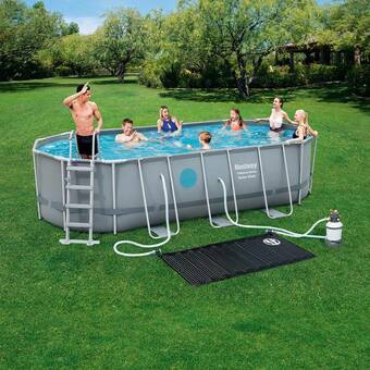 Costco Bestway 18 x 9 ft Steel Oval Frame Pool with Sand Filter Pump, Solar Powered Pool Pad and Cover offer