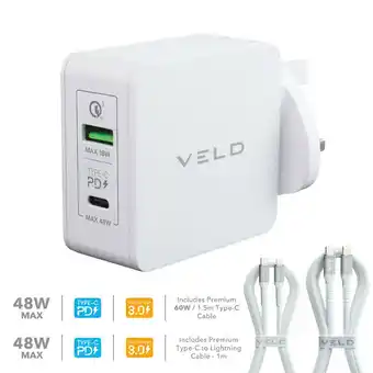 Costco VELD Super-Fast Max 48W 2 Port Wall Charger with Lightning or Type-C Cable offer