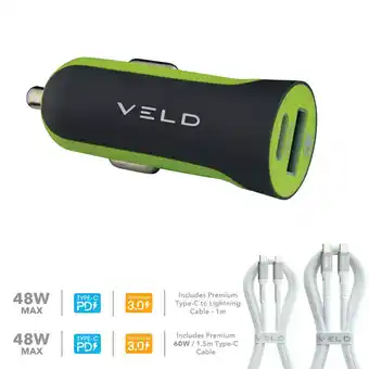 Costco VELD Super-Fast Max 48W 2 Port Car Charger with 1m Lightning or Type-C Cable offer