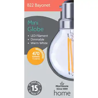 Morrisons Morrisons LED Mini Globe 470 Lumens 4W Bc Dimmable Light Bulb offer