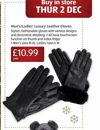 Aldi Men's Ladie's Luxury Leather Gloves offer