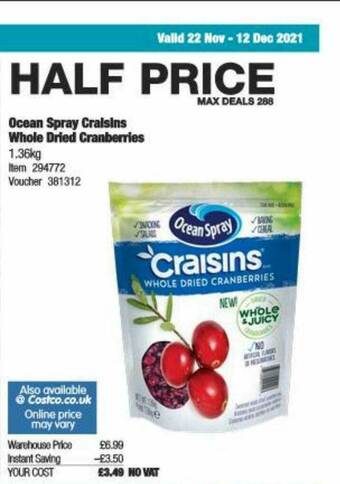 Costco Ocean Spray Craisins Whole Dried Cranberries offer