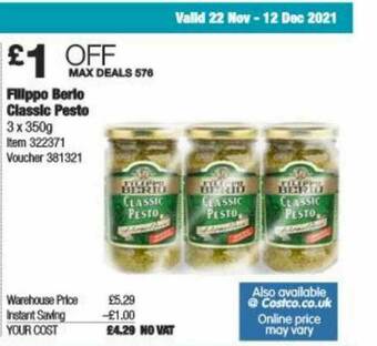Costco Filippo Berio Classic Pesto offer