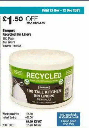 Costco Banquet Recycled Bin Liners offer