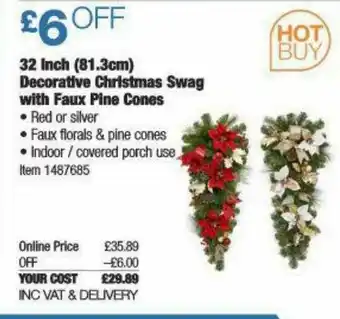 Costco 32 Inch 81.3cm Decorative Christmas Swag With Faux Pine Cones offer