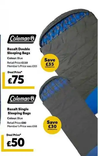 GO Outdoors Basalt Double Sleeping Bags Basalt Single Sleeping Bags Coleman offer