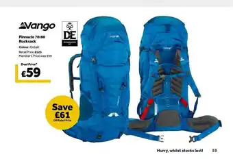 GO Outdoors Vango Pinnacle 70:80 Rucksack offer