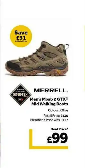 GO Outdoors Merrell Men's Moab 2 Gtx Mid Walking Boots offer