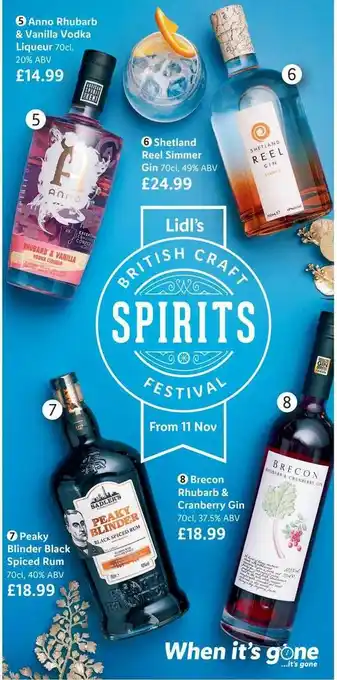 Lidl Anna Rhubarb & Vanilla Vodka Liqueur, Shotland Reel Simmer, Peaky Blinder Black Spiced Rum, Brecon Rhubarb & Cranberry Gin offer