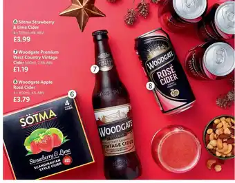 Lidl Sötma Strawberry & Lime Cider, Woodgate Premium West Country Vintage Cider, Woodgate Apple Rosé Cider offer