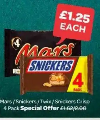 Spar Mars Snickers Twix Snickers Crisp 4 Pack offer