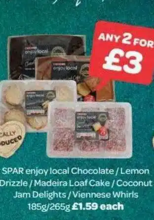 Spar Spar Enjoy Local Chocolate Lmeon Drizzle Madeira Loaf Cake Coconut Jam Delights Viennese Whirls offer