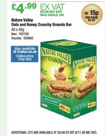 Costco Nature Valley Oats And Honey Crunchy Granola Bar 40 X 42g offer