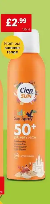 Lidl Cien Sun Kids Sun Spray 50+ SPF Very High offer