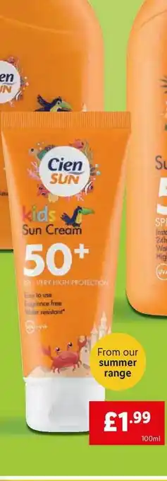 Lidl Cien Sun Kids Sun Cream 50+ SPF Very High Protection offer