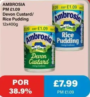 Bestway Ambrosia Devon Custard/ Rice Pudding 12 x 400g offer