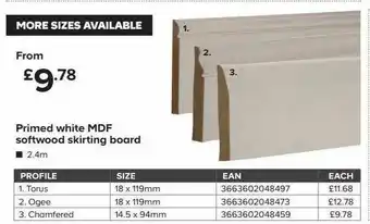 TradePoint Primed White Mdf Softwood Skirting Board offer