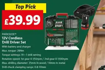 Lidl PARKSIDE 12V Cordless Drill Driver Set offer