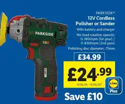 Lidl PARKSIDE 12V Cordless Polisher or Sander offer