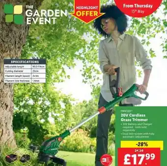 Lidl PARKSIDE 20V Cordless Grass Trimmer offer