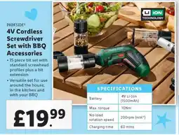 Lidl PARKSIDE 4V Cordless Screwdriver Set with BBQ Accessories offer