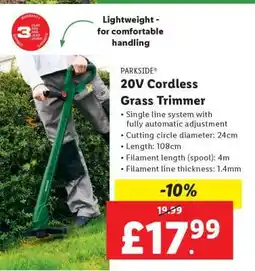 Lidl PARKSIDE 20V Cordless Grass Trimmer offer