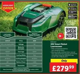 Lidl PARKSIDE 20V Smart Robot Lawnmower offer