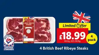 Lidl 4 British Beef Ribeye Steaks offer