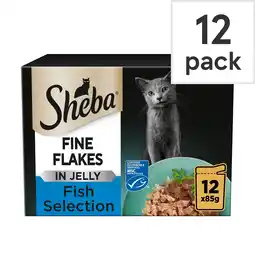 Tesco Sheba Fine Flakes Wet Cat Food Pouches Fish in Jelly 12x85g offer