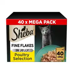 Tesco Sheba Fine Flakes Wet Cat Food Pouches Poultry in Jelly 40x85g offer