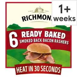 Tesco Richmond Ready Baked 6 Smoked Back Bacon Rashers 75g offer