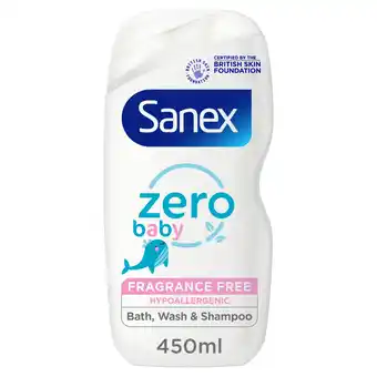 Tesco Sanex Zero% Baby Hypoallergenic Fragrance Free Bath Wash & Shampoo 450ml offer