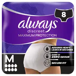 Tesco Always Discreet Maximum Protection Incontinence Pants M UK10-16 8 Pack offer